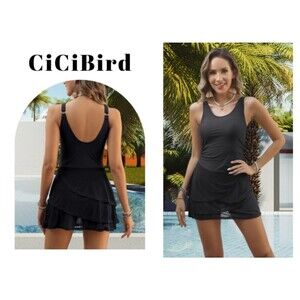 CiCiBird Women's One-Piece Swim Dress Tummy Control Modest Swimwear black XL